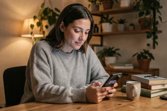 Femme regardant son téléphone affichant 23h23 dans un bureau cosy la nuit, évoquant la signification des nombres angéliques