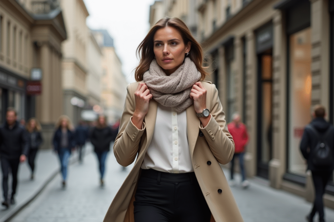 Femme élégante en trench beige dans une rue urbaine