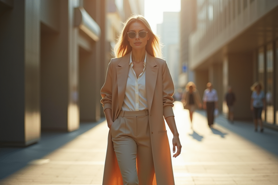 Femme élégante dans une rue urbaine ensoleillée