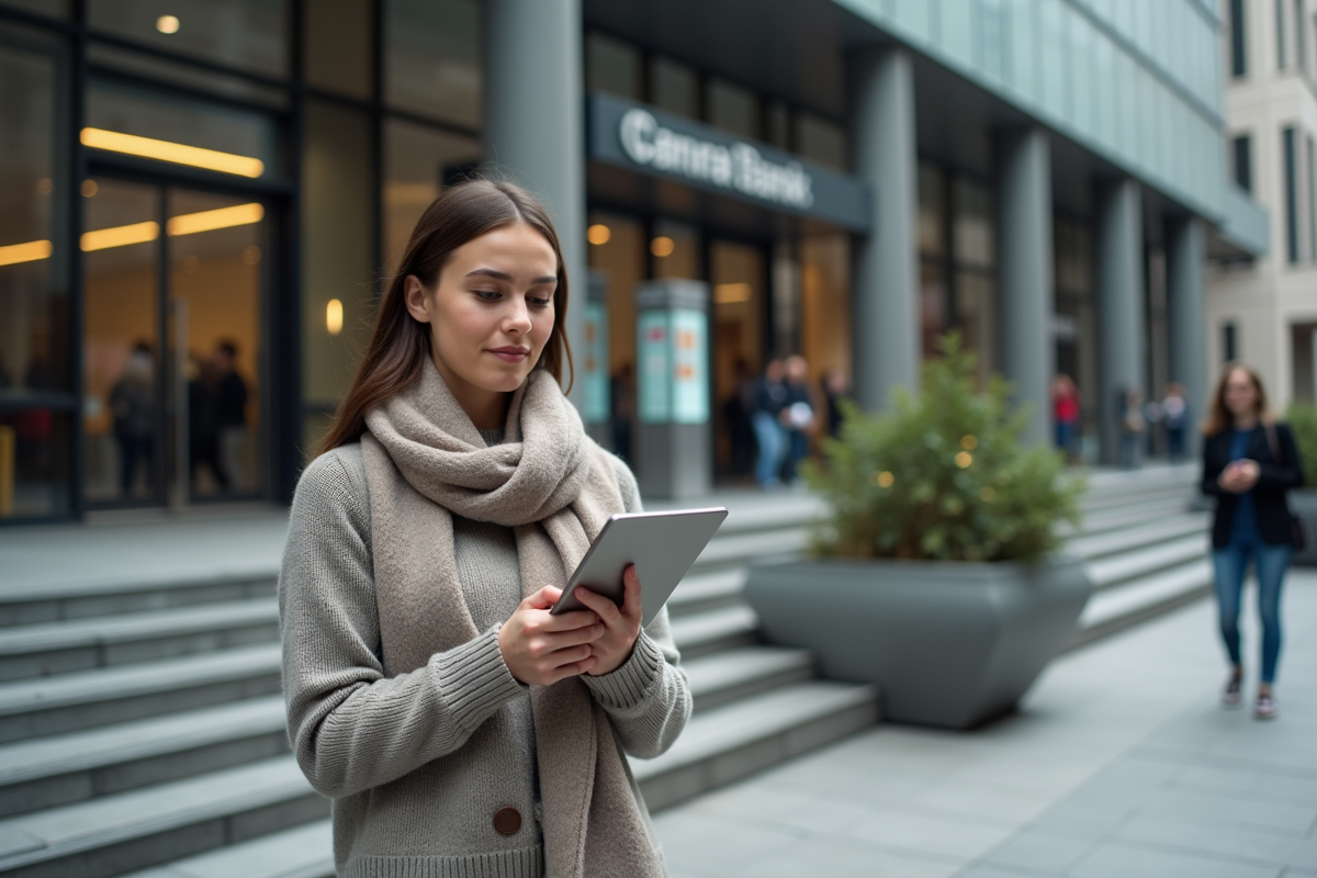 Jeune femme avec tablette devant une banque moderne