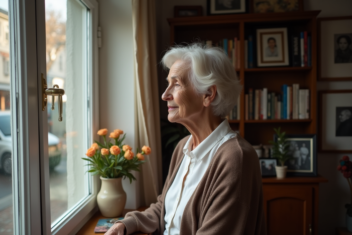 Femme âgée regardant par la fenêtre dans un salon chaleureux