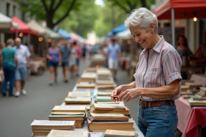 Femme curieuse examinant des livres anciens en marché vintage