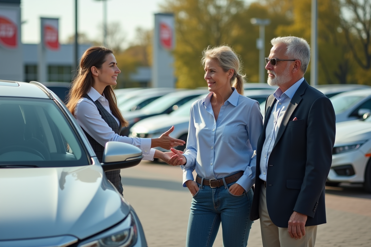 Jeune femme montrant l’intérieur d’une voiture à un couple