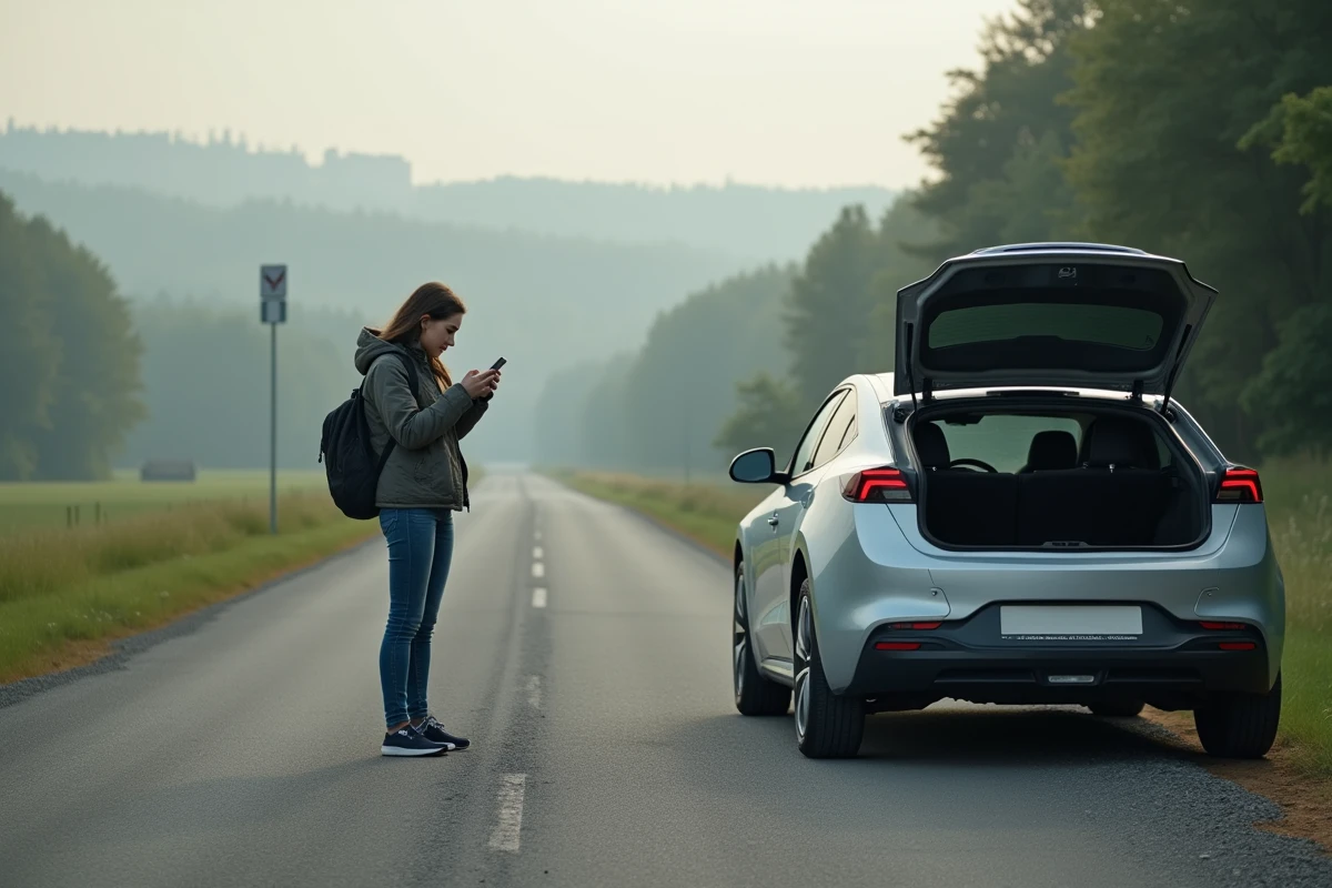 Jeune femme avec voiture à hydrogène en panne sur route rurale