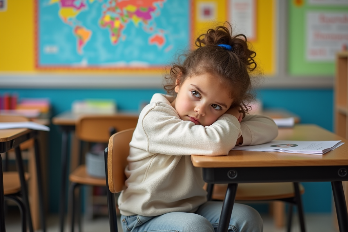 Fille de 7 ans au regard pensif en classe