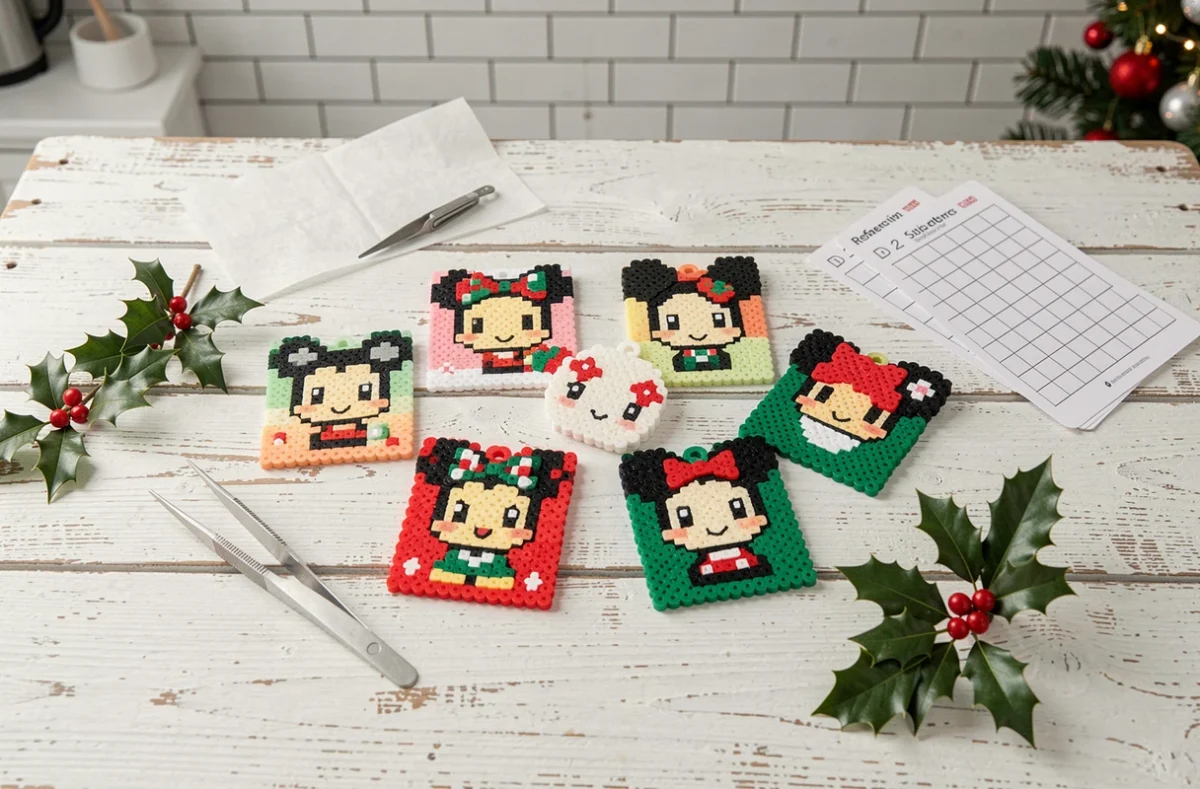 Vue à plat des ornements en perles Hama pixel art kawaii Disney pour les décorations de Noël faites maison