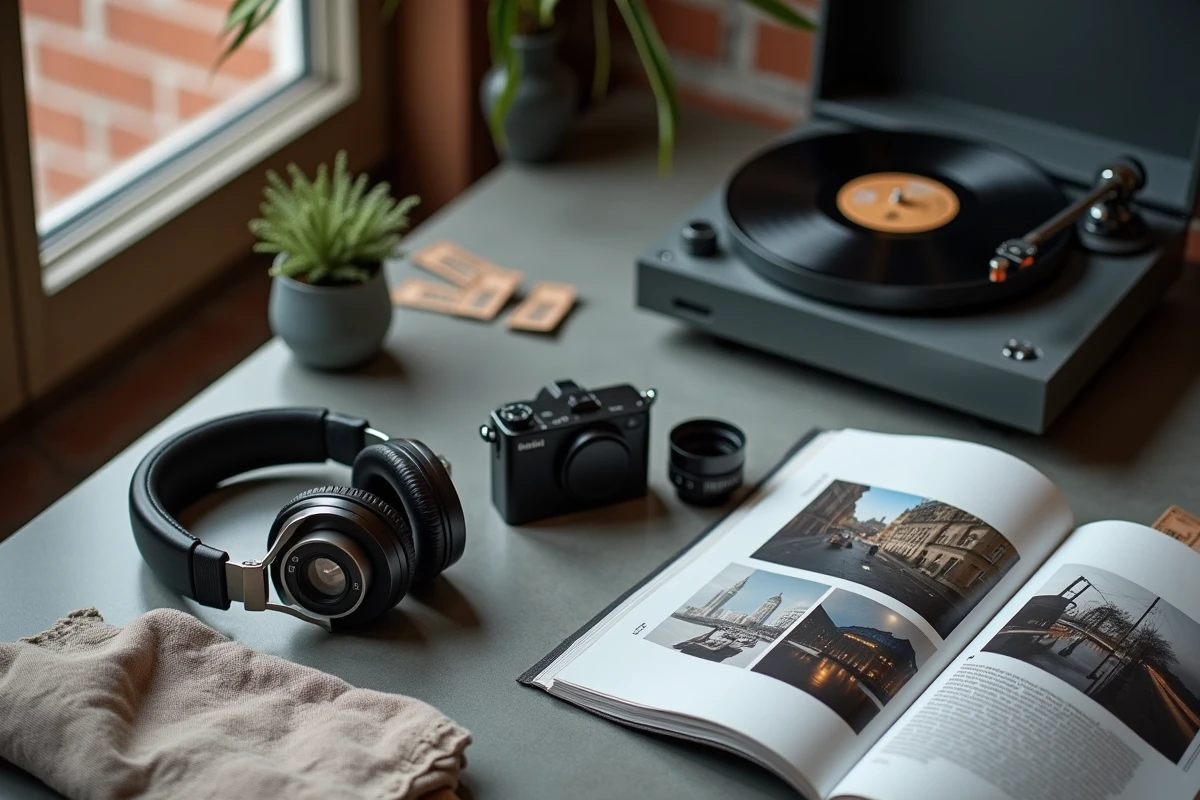 Arrangement flat-lay de matériel haute fidélité incluant casque audiophile, platine vinyle et appareil photo pour blog multimédia