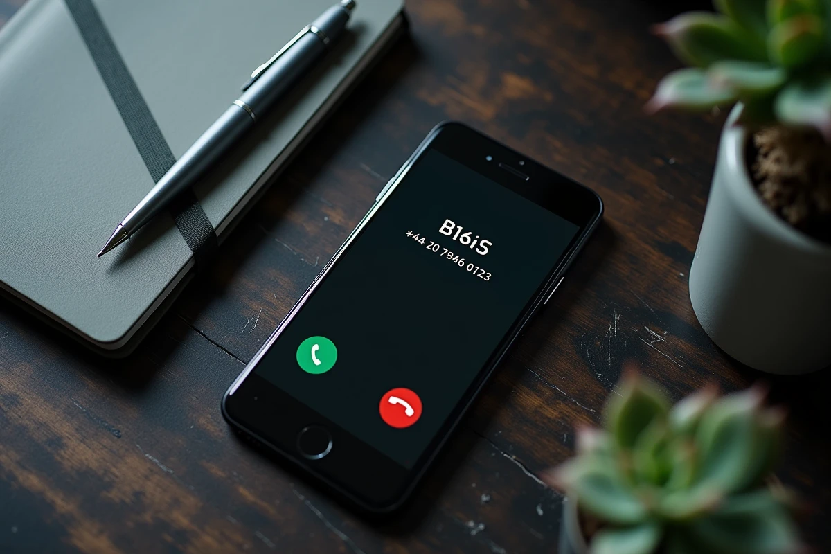 Vue du dessus d'un smartphone affichant un appel entrant avec l'indicatif +44 du Royaume-Uni posé sur un bureau en bois