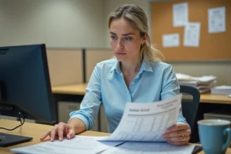 Fonctionnaire de catégorie C examinant sa grille indiciaire et ses documents de salaire dans un bureau administratif