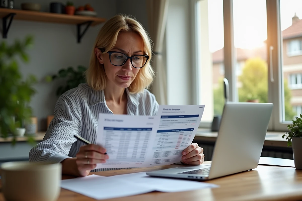 Femme fonctionnaire comparant sa fiche de paie et la grille indiciaire de catégorie C à domicile