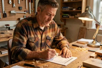 Homme remplissant un formulaire de contact papier dans un atelier de bricolage