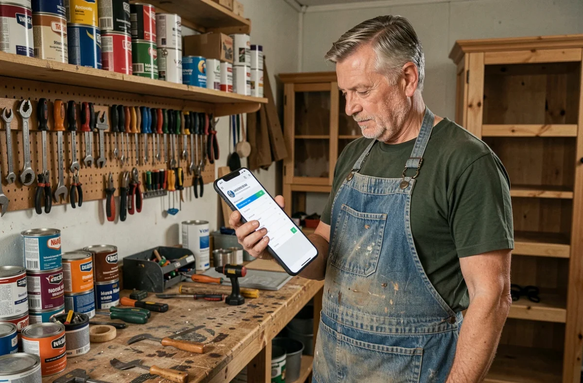 Homme consultatnt un formulaire de contact bricolage sur smartphone dans un garage