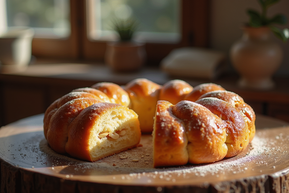 Gâteau des rois coupé révélant la garniture aux amandes dans une boulangerie chaleureuse