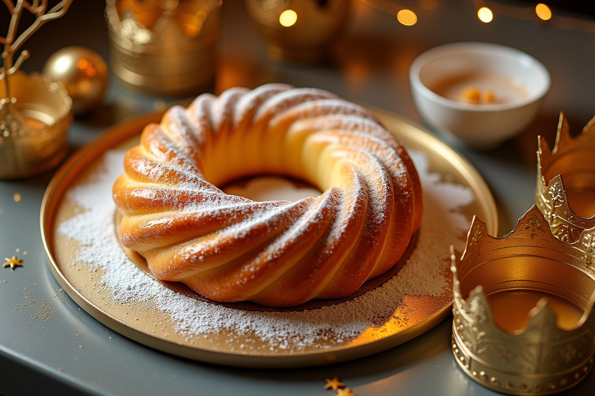 Présentation élégante de galette des rois avec couronnes dans une boutique à Toulouse