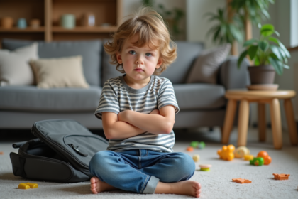 Garçon de 9 ans assis sur le sol en salon moderne