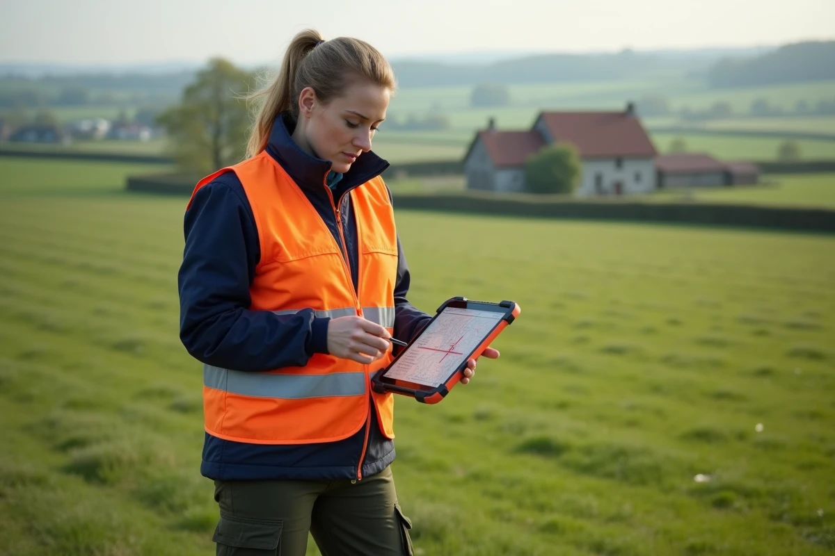 Géomètre femme utilisant une tablette numérique avec carte cadastrale pour convertir des mètres carrés en hectares sur le terrain