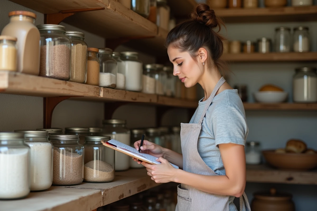 Apprentie boulangère organisant les stocks de matières premières dans un cellier de boulangerie artisanale en Provence