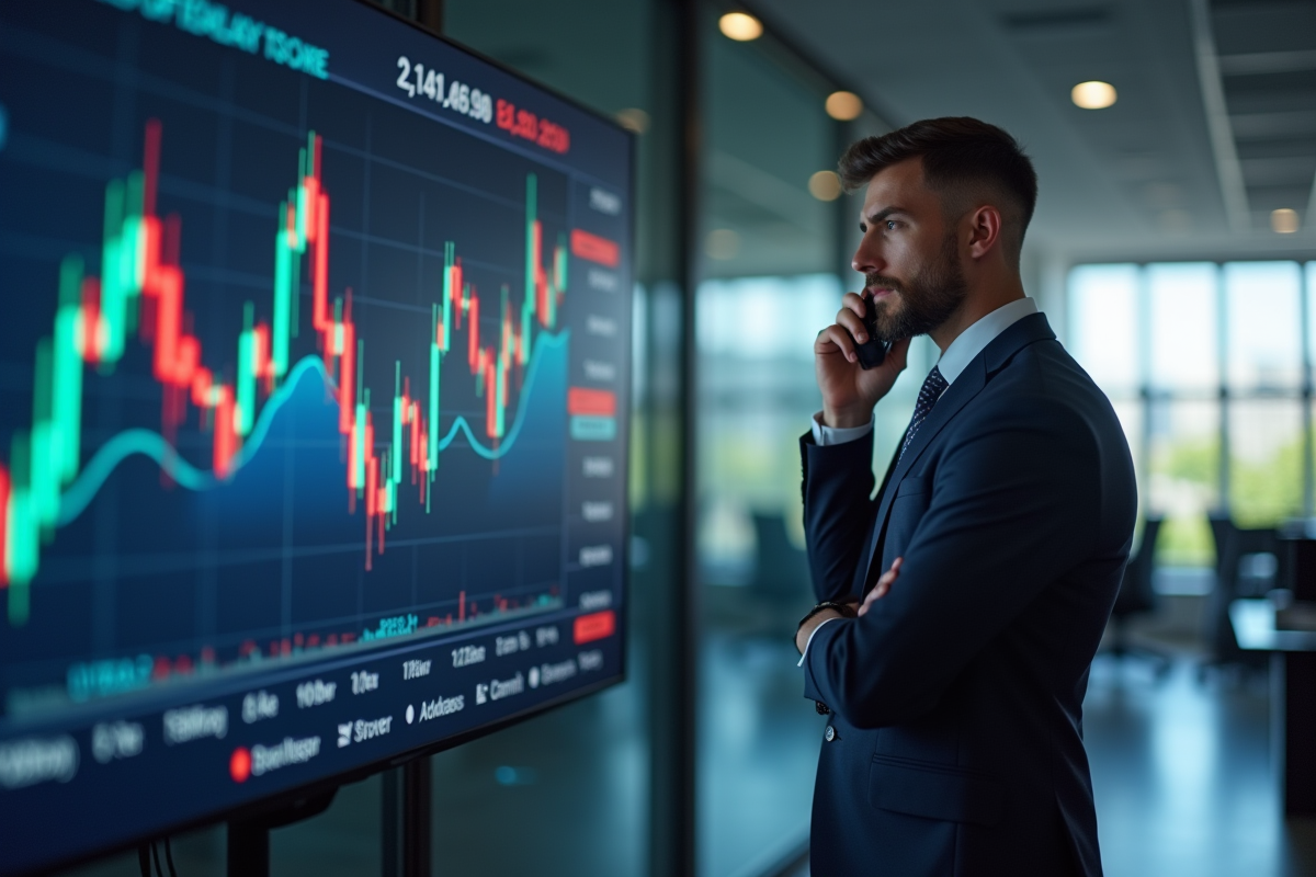 Gestionnaire relations investisseurs parlant au téléphone avec graphiques financiers