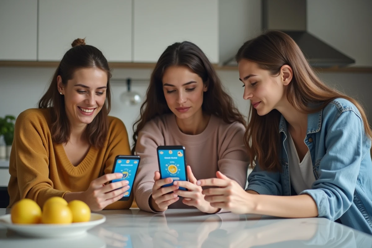 Groupe d'adultes découvrant ensemble le Club des Magnats de Monopoly Go sur leurs smartphones dans une cuisine moderne