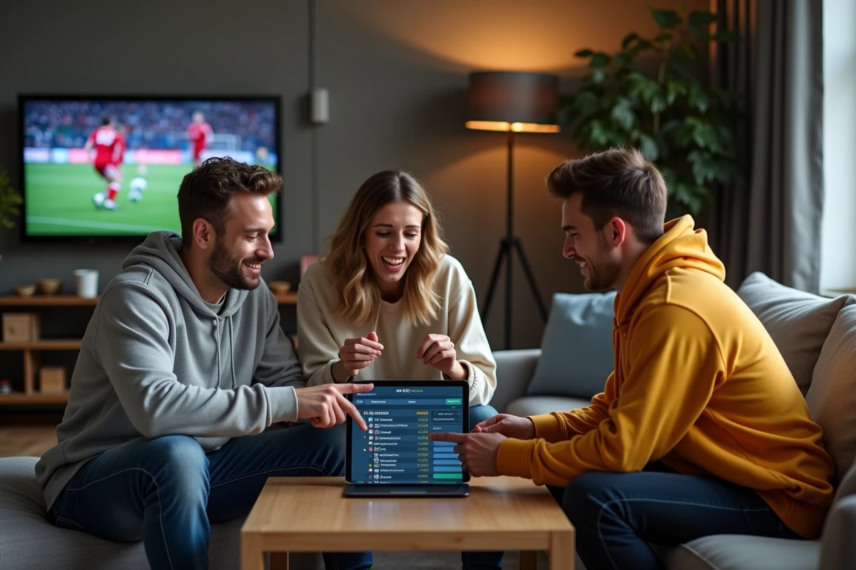 Groupe d'amis comparant des plateformes de paris sportifs comme Multibet88 sur une tablette dans un salon