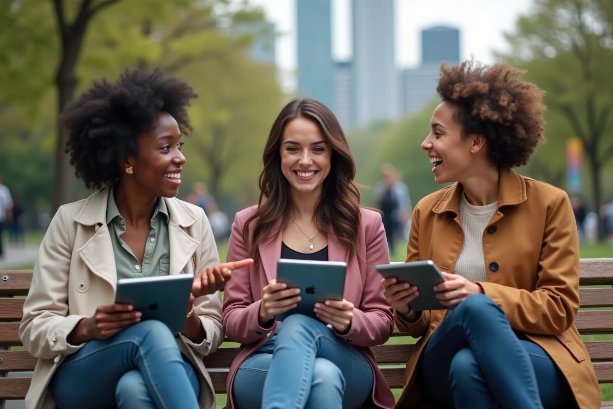 Trois jeunes adultes discutant avec tablettes dans un parc urbain