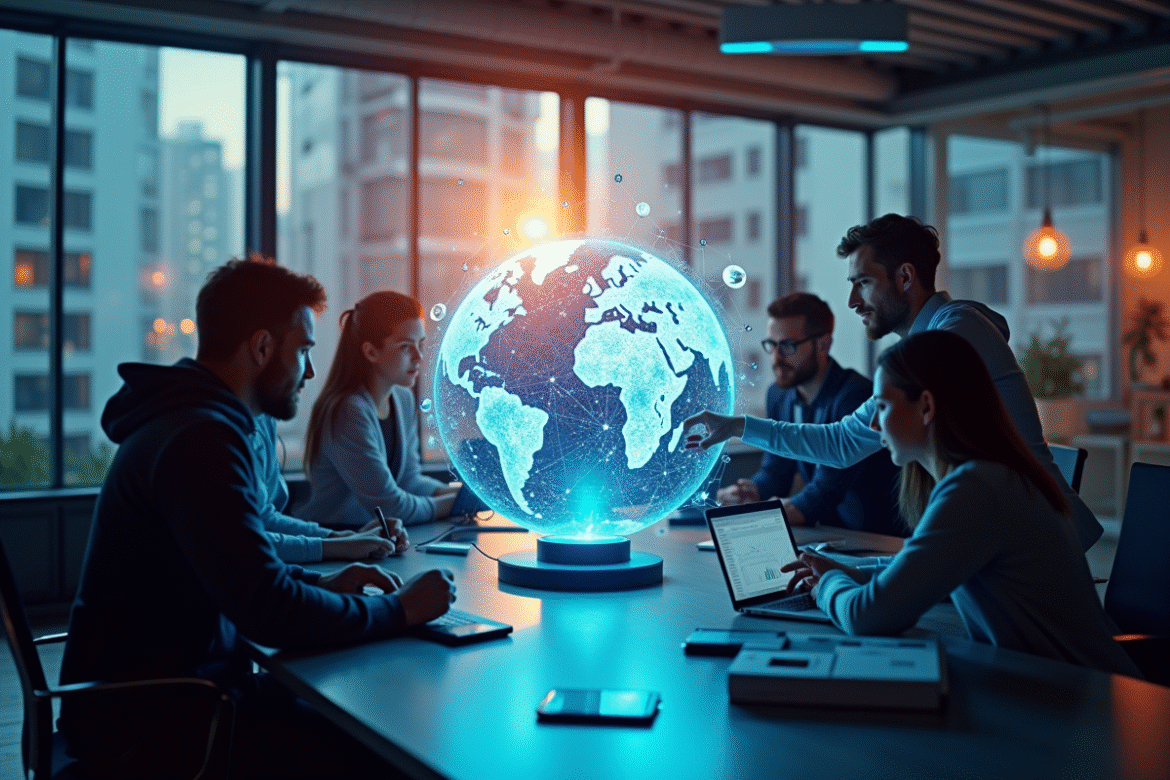 Groupe d'entrepreneurs tech autour d'un globe holographique