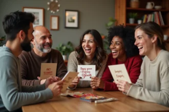 Famille diverse souriante avec cartes de vœux de Noel