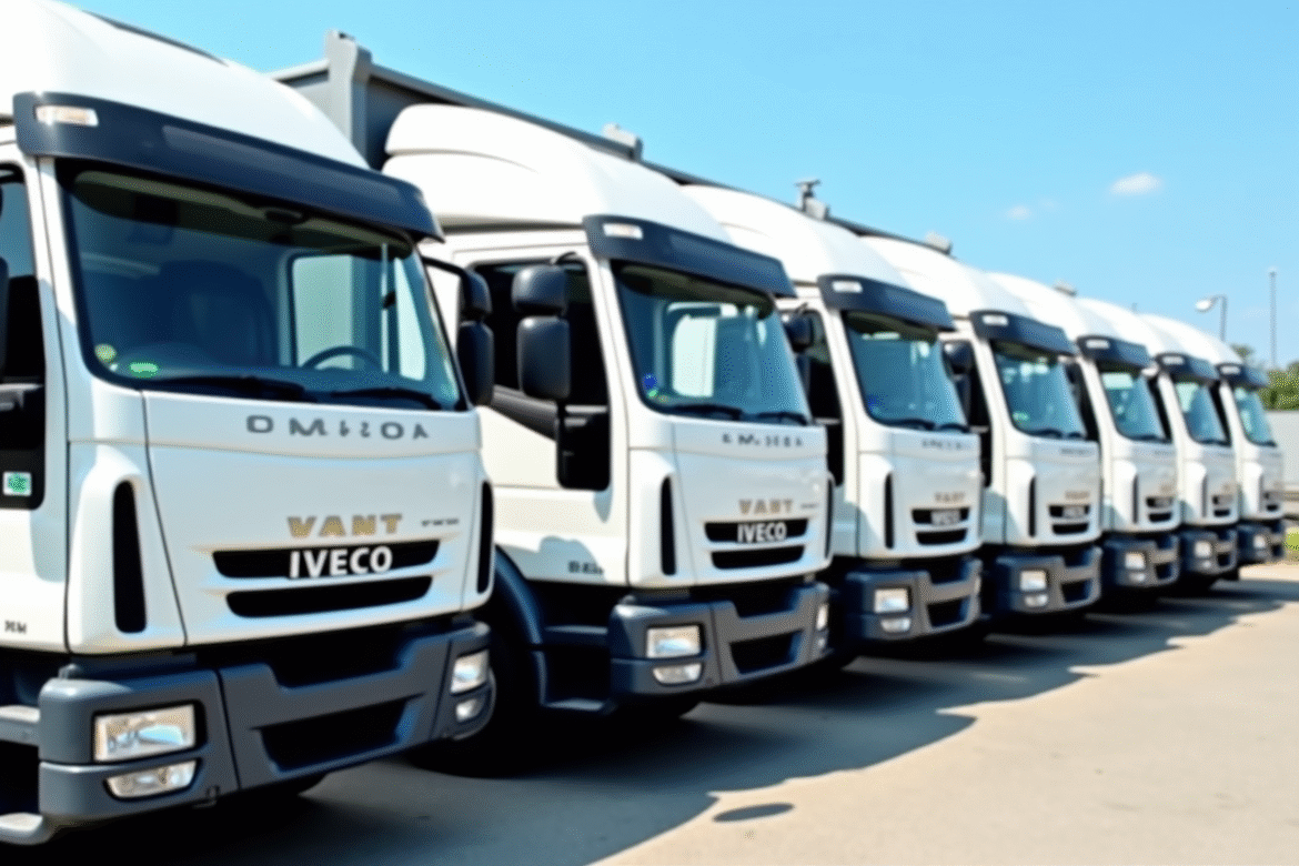 Ligne de camions Iveco 3,5 tonnes blancs en vente en plein soleil