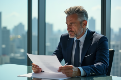 Homme d'affaires en costume regardant des documents immobiliers