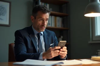 Homme d'affaires en costume regardant son smartphone au bureau