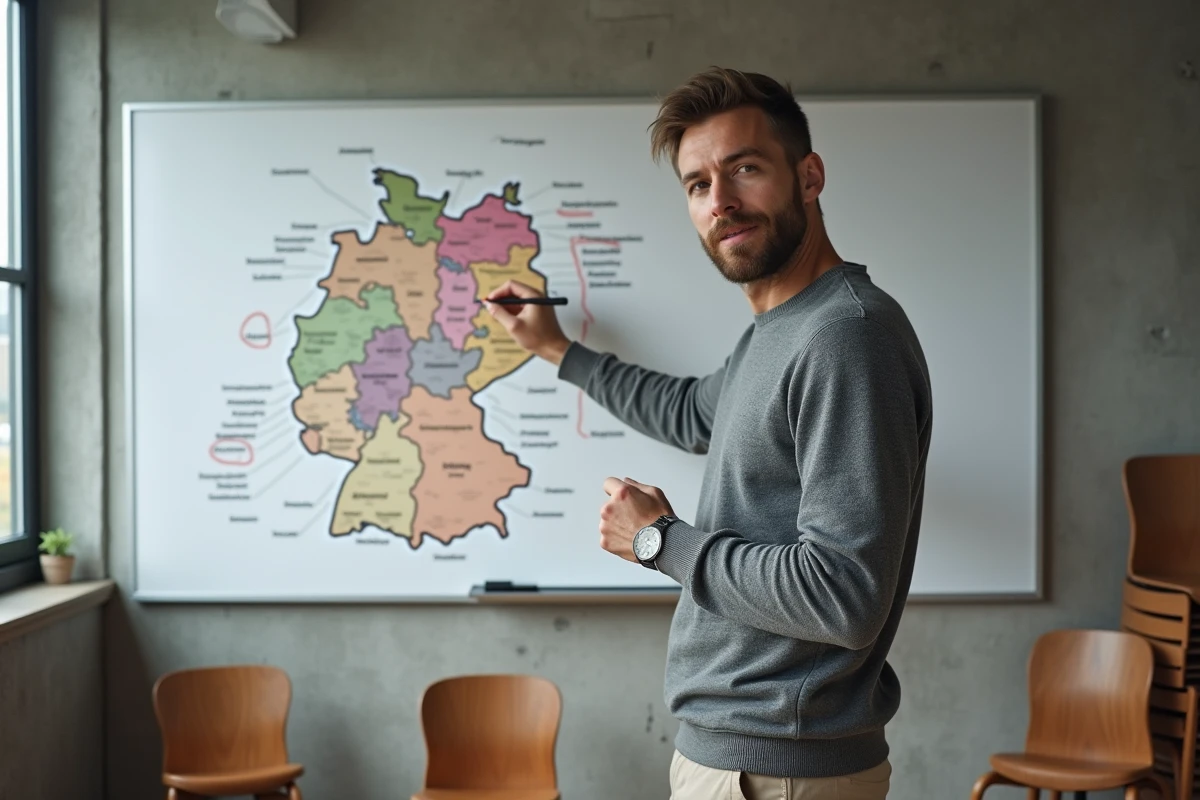 Homme annotant une carte murale des États fédéraux allemands dans une salle de classe moderne
