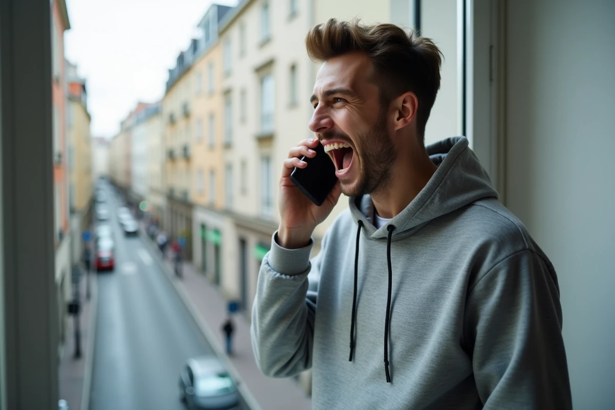 Homme en train d'appeler une station radio depuis son appartement pour tenter d'être rappelé en priorité par l'animateur