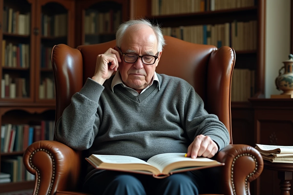 Homme âgé résolvant un livre de mots fléchés dans une bibliothèque à domicile entourée de livres