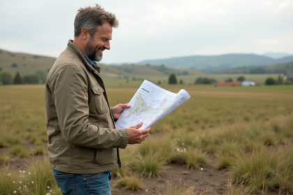Homme d'âge moyen regardant une carte dans la campagne