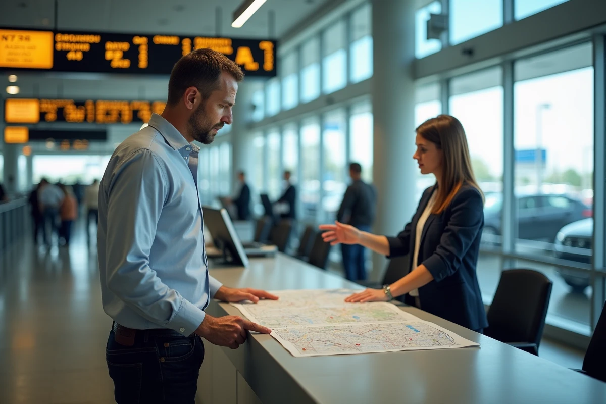 Homme consultant une carte routière américaine en miles à un comptoir de location de voiture dans un aéroport