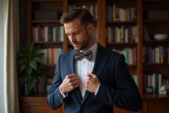 Homme élégant en costume et cravate en intérieur