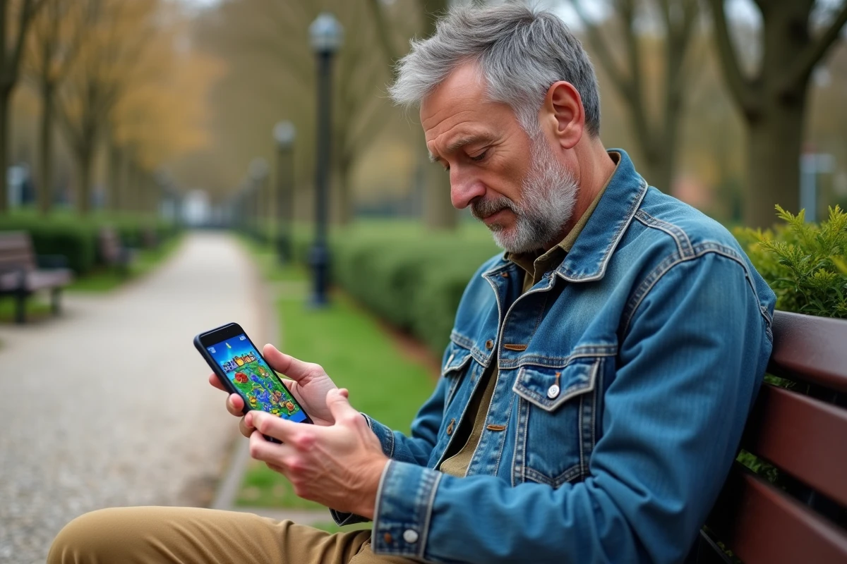 Homme adulte découvrant le Club des Magnats de Monopoly Go sur son smartphone assis sur un banc dans un parc urbain