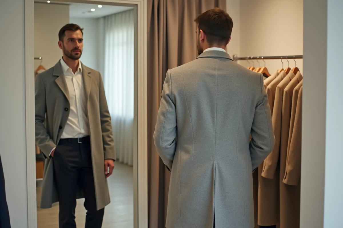 Homme essayant un manteau dans la cabine d'essayage d'un magasin OVS Paris