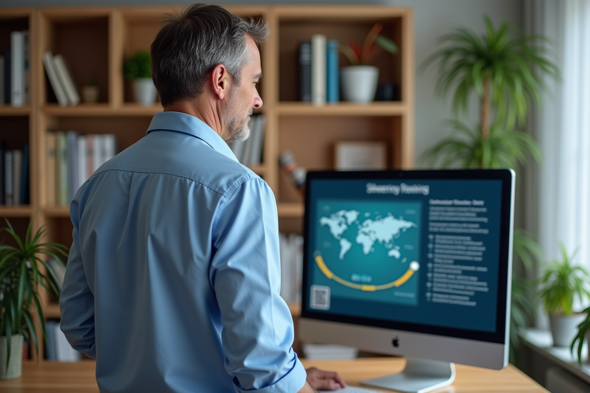 Homme étudiant en ligne dans son bureau avec écran éducatif