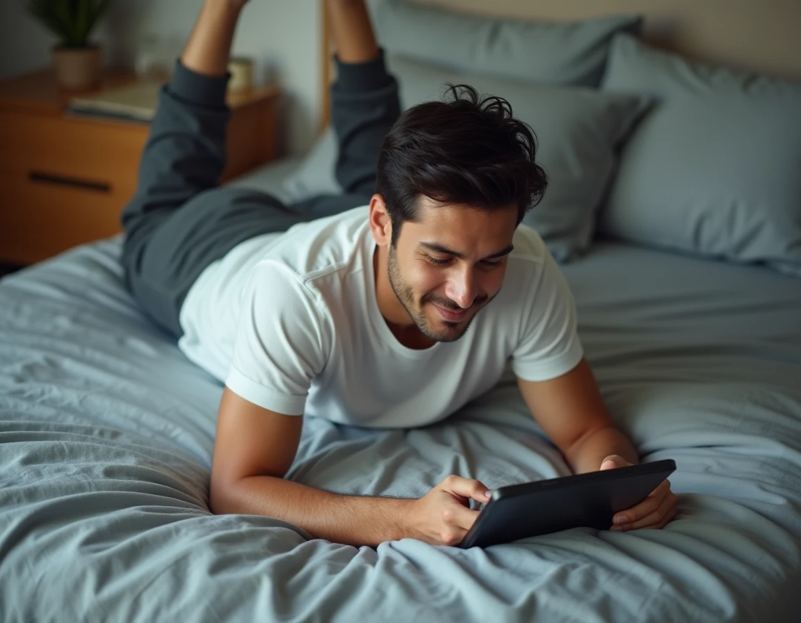 Jeune homme lisant des mangas sur une tablette allongé sur son lit dans une chambre moderne