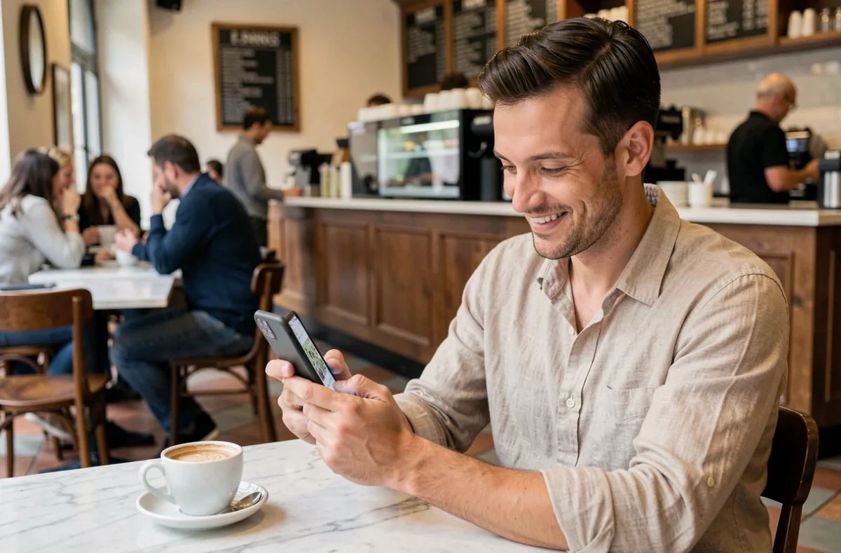 Homme lisant des scans de manga sur son smartphone dans un café parisien avec une tasse de café sur la table
