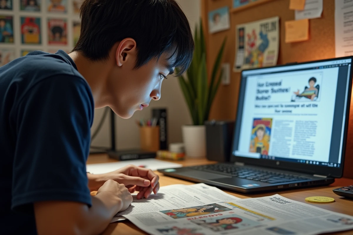Homme consultant un site de lecture de scans VF sur ordinateur portable dans un bureau à domicile encombré de pages manga