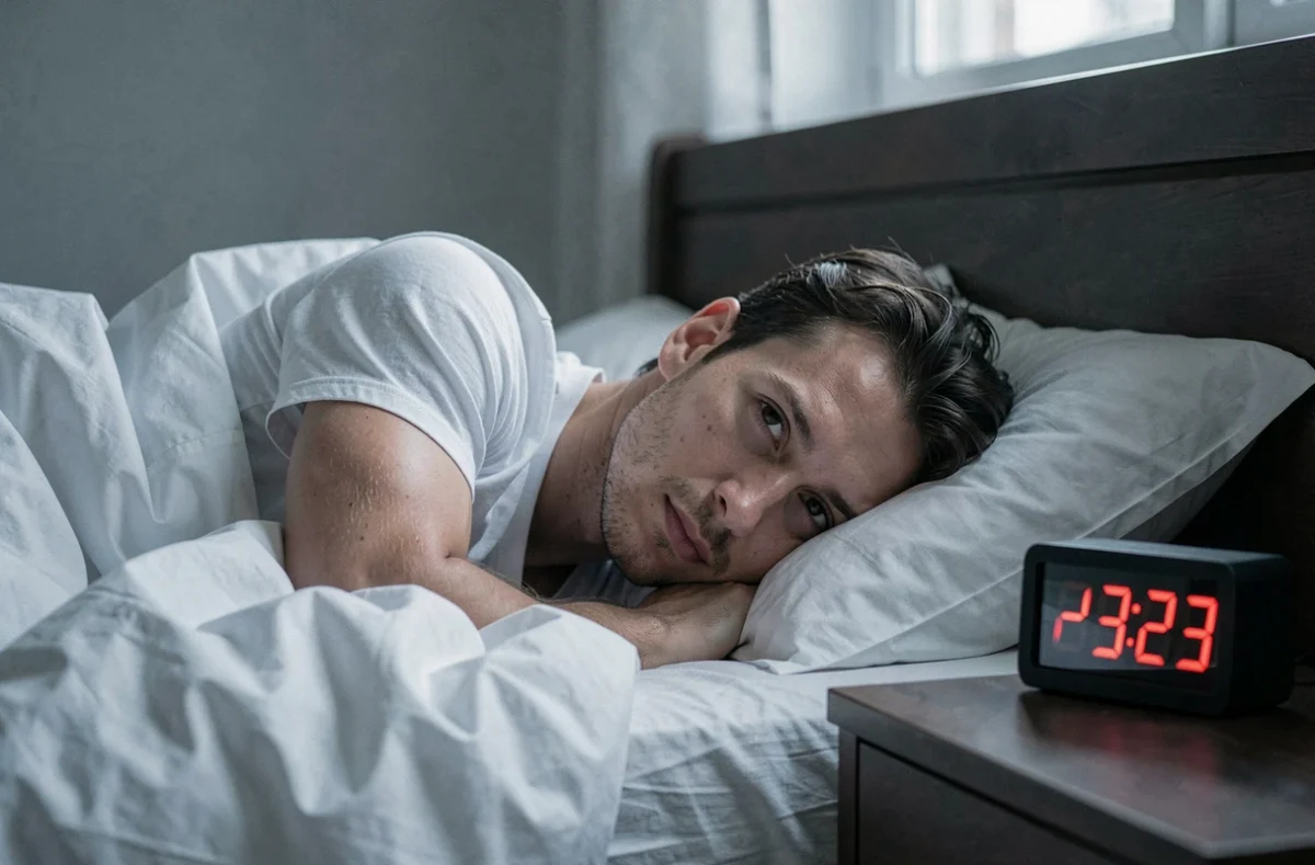 Homme allongé dans son lit les yeux ouverts face à un réveil indiquant 23h23, symbolisant l'insomnie et la synchronicité des nombres