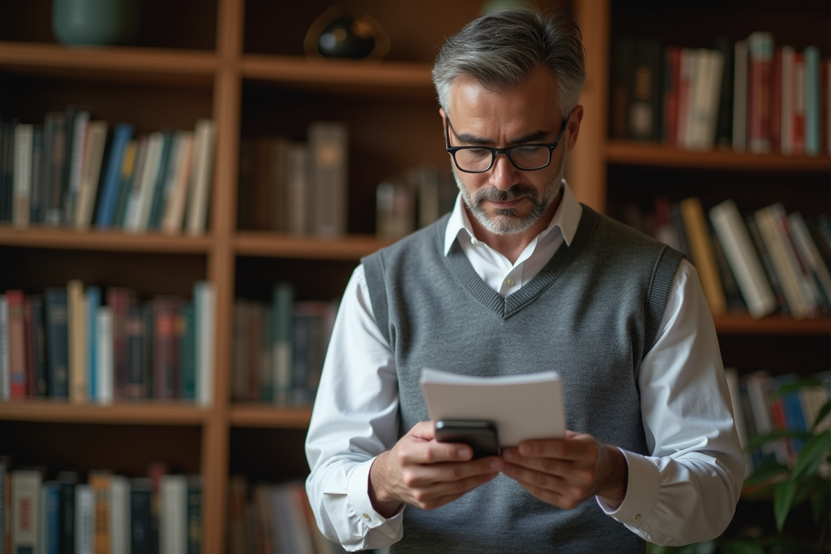Homme lisant un document avec smartphone dans une bibliothèque