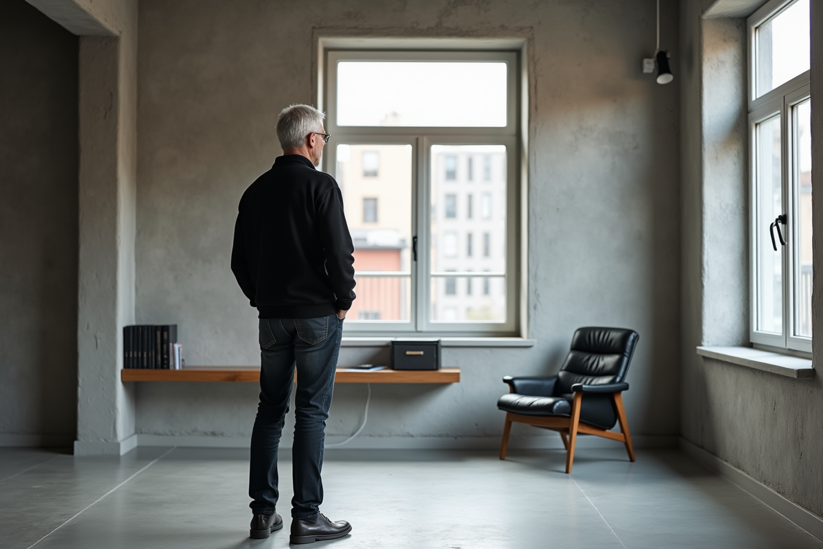 Homme mature regardant par une grande fenêtre dans un loft urbain