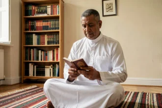Homme musulman consultant un horaire de prière islamique à Douai selon son école juridique