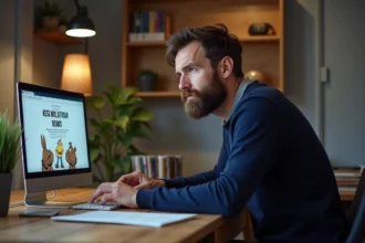 Homme barbu en bureau moderne regardant un site suspect