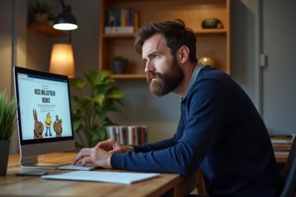 Homme barbu en bureau moderne regardant un site suspect