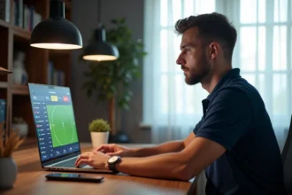 Homme utilisant un ordinateur portable pour accéder à une plateforme de paris sportifs en ligne comme Multibet88