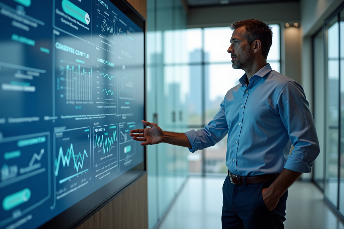 Homme en conférence expliquant des visualisations DAX sur grand écran